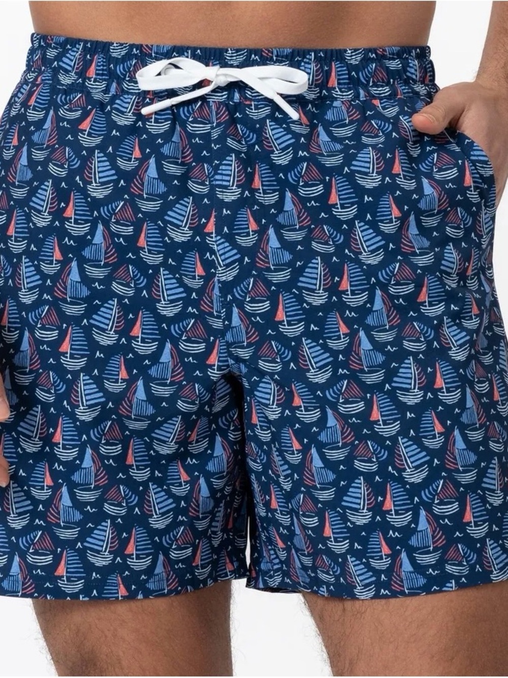 Rhoback Navy Sailboat Print Swim Trunks with Coral & Light Blue Accents